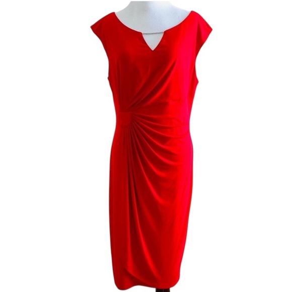 Connected Apparel Red Faux Wrap Dress Short Sleeves Ruching Size 12 - Picture 1 of 14